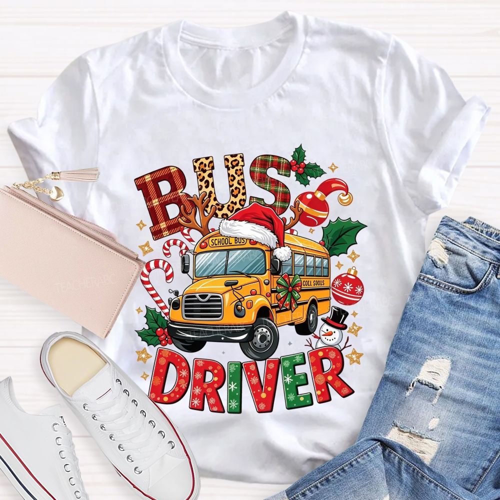 School Bus Driver Christmas Leopard Plaid T-shirt