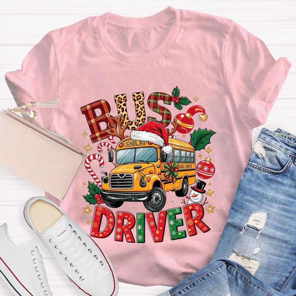 School Bus Driver Christmas Leopard Plaid T-shirt