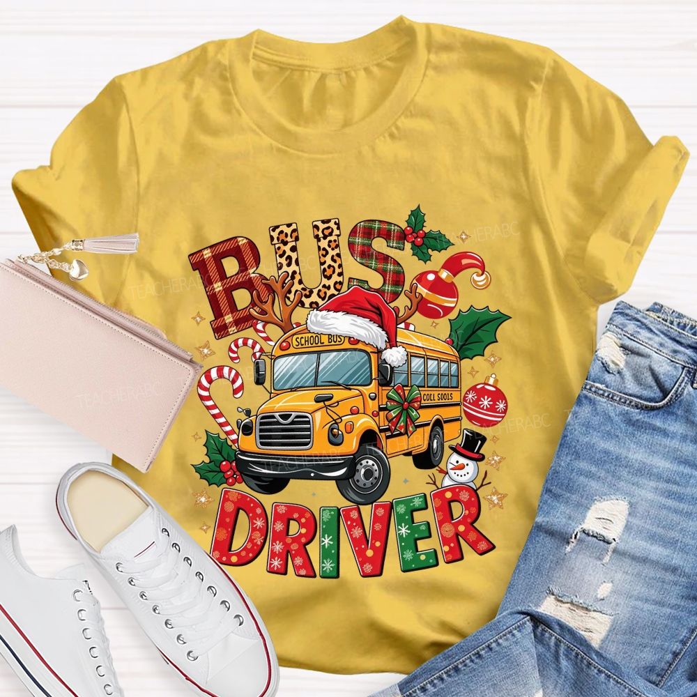 School Bus Driver Christmas Leopard Plaid T-shirt