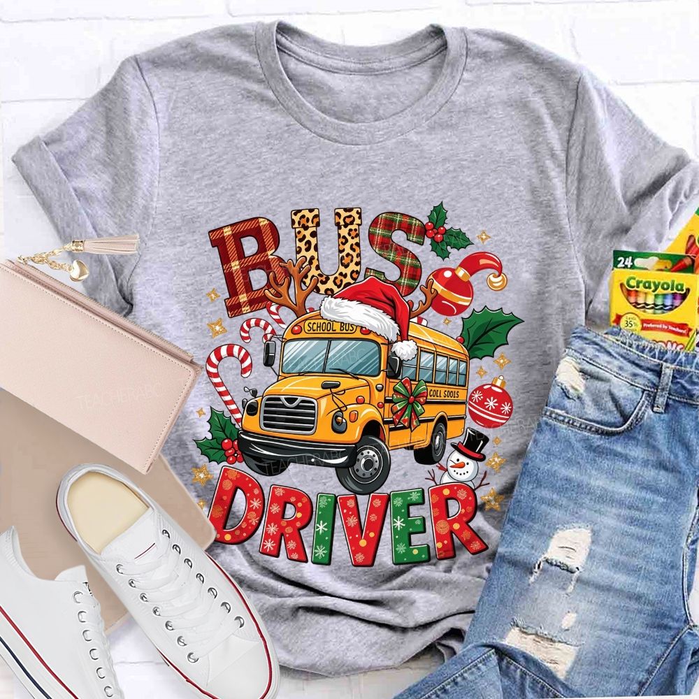 School Bus Driver Christmas Leopard Plaid T-shirt