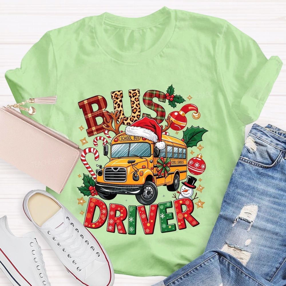 School Bus Driver Christmas Leopard Plaid T-shirt