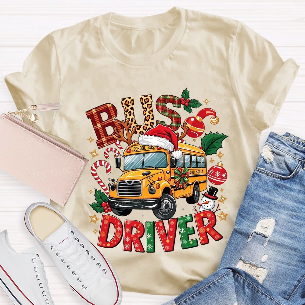 School Bus Driver Christmas Leopard Plaid T-shirt