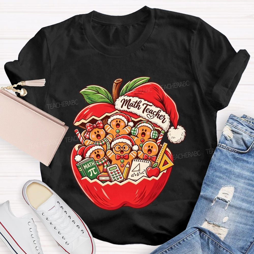 Math Teacher Christmas Red Apple Santa Hat Gingerbread Teacher T-shirt