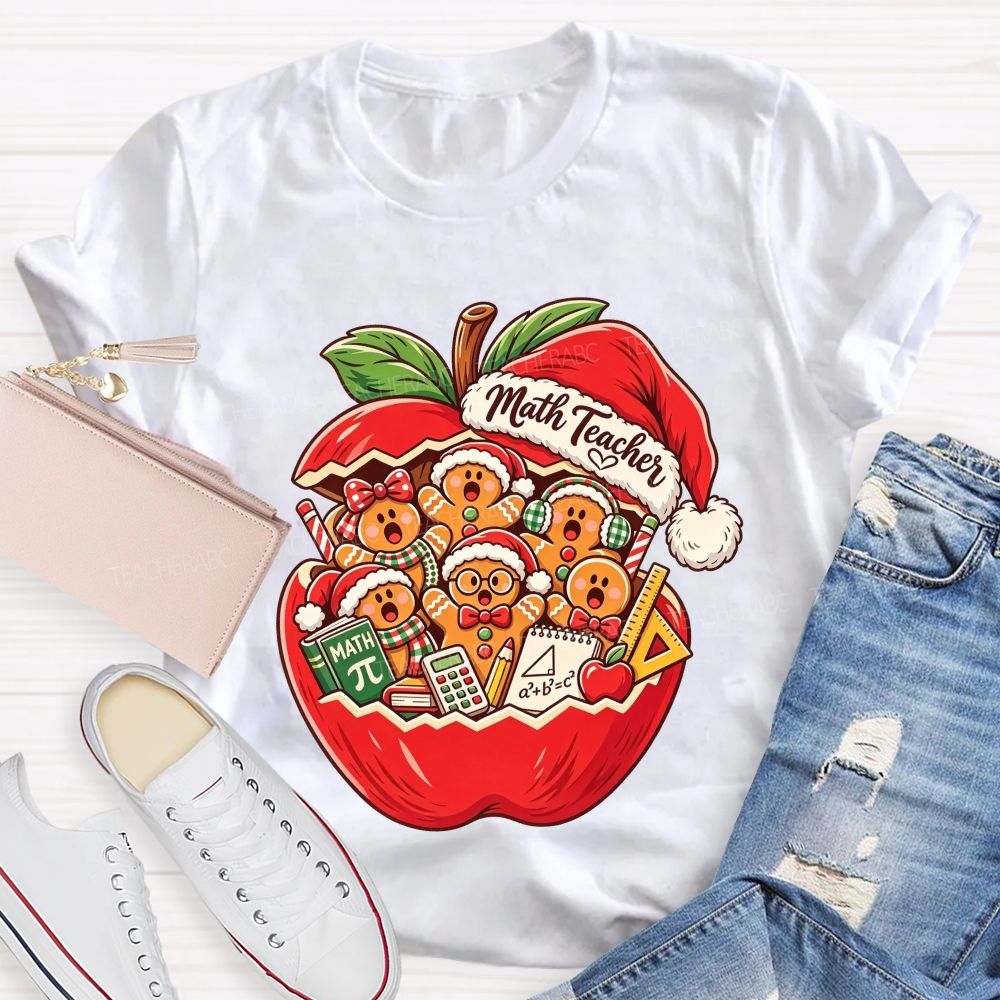 Math Teacher Christmas Red Apple Santa Hat Gingerbread Teacher T-shirt