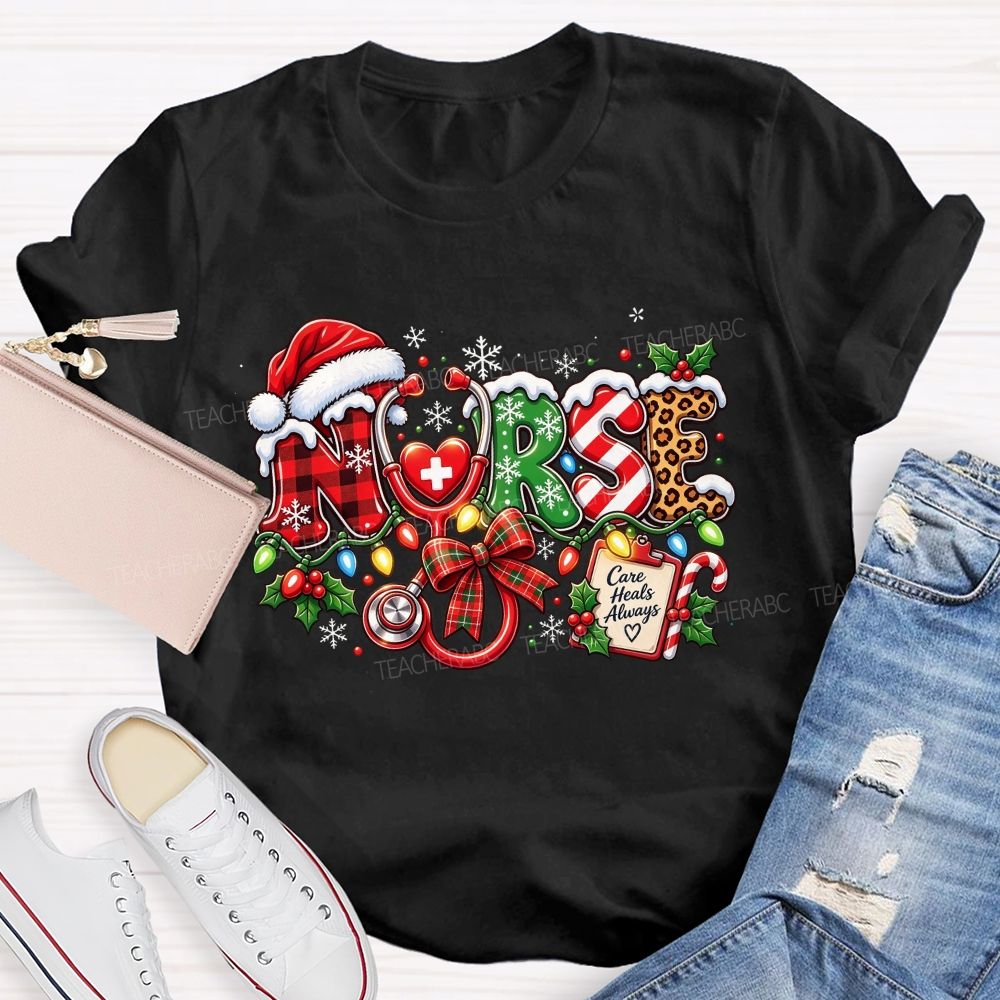 Care Heals Always Nurse Christmas Stethoscope T-shirt