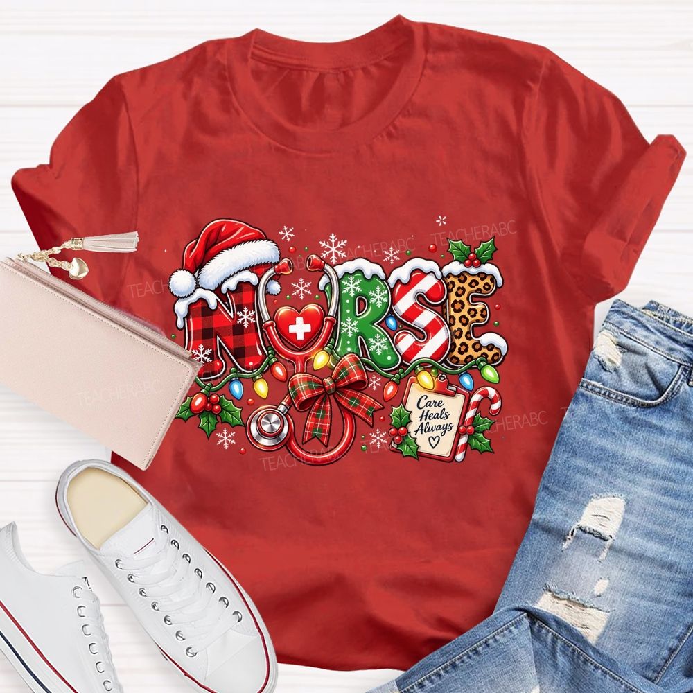 Care Heals Always Nurse Christmas Stethoscope T-shirt