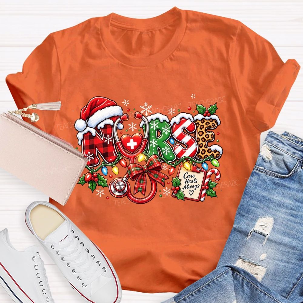 Care Heals Always Nurse Christmas Stethoscope T-shirt