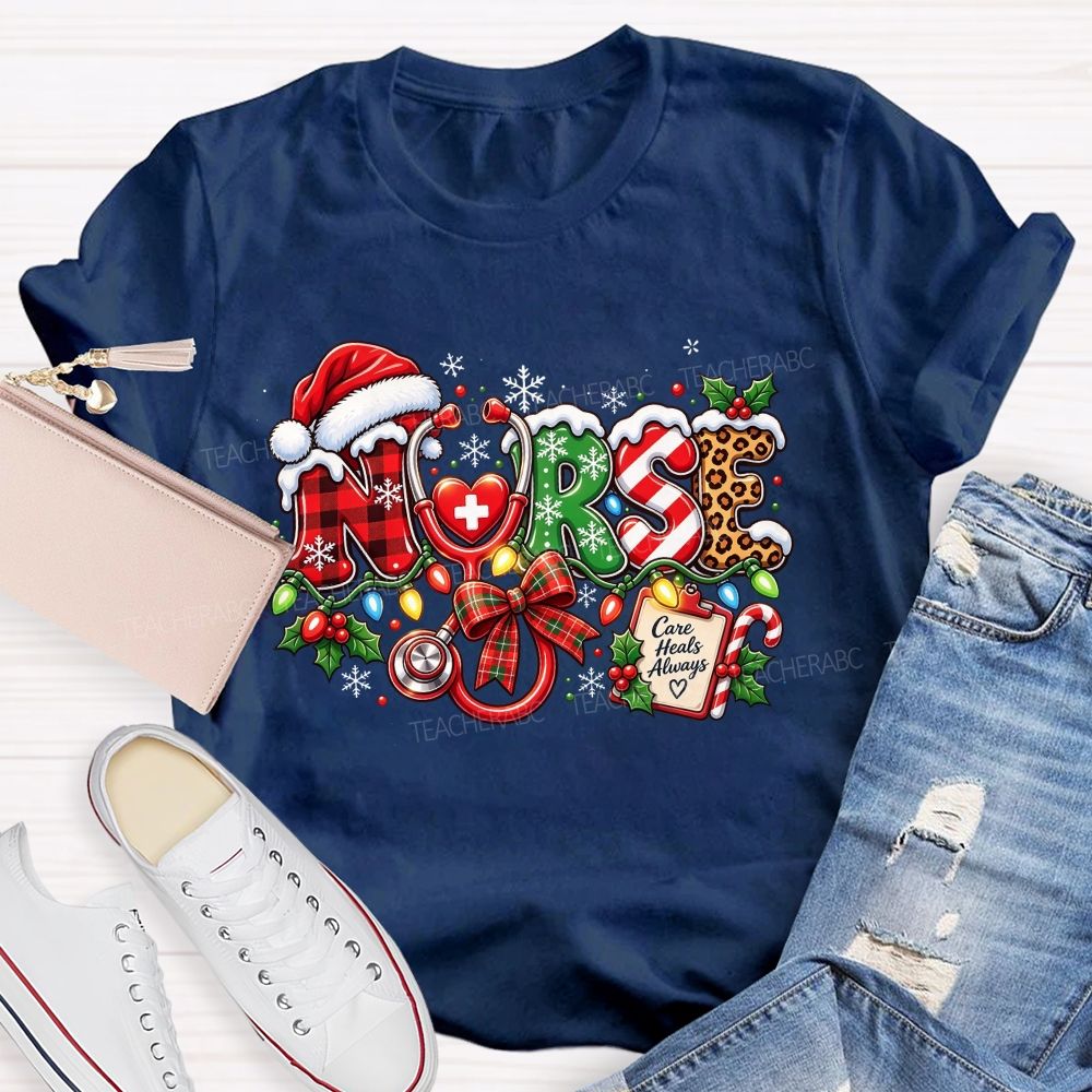 Care Heals Always Nurse Christmas Stethoscope T-shirt