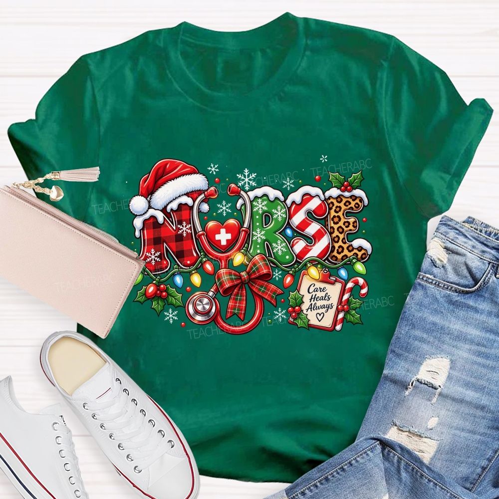 Care Heals Always Nurse Christmas Stethoscope T-shirt