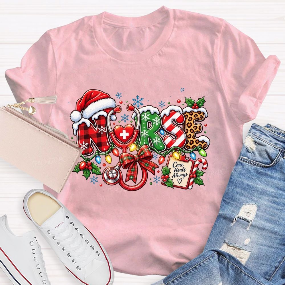 Care Heals Always Nurse Christmas Stethoscope T-shirt