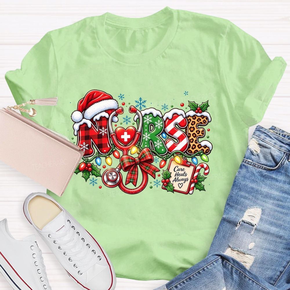 Care Heals Always Nurse Christmas Stethoscope T-shirt