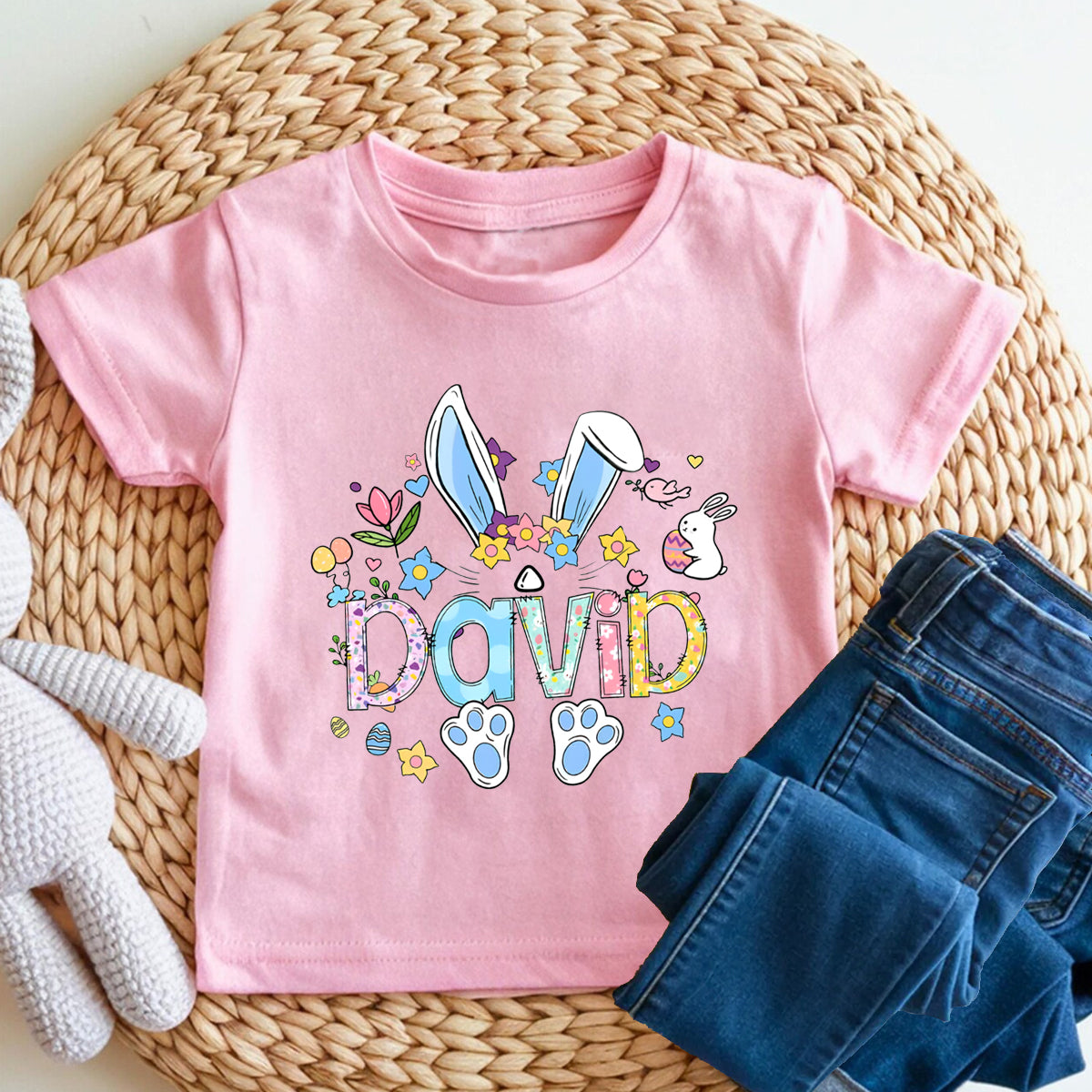 Personalized Name Colorful Rabbit Flowers Letters  Toddler T-shirts