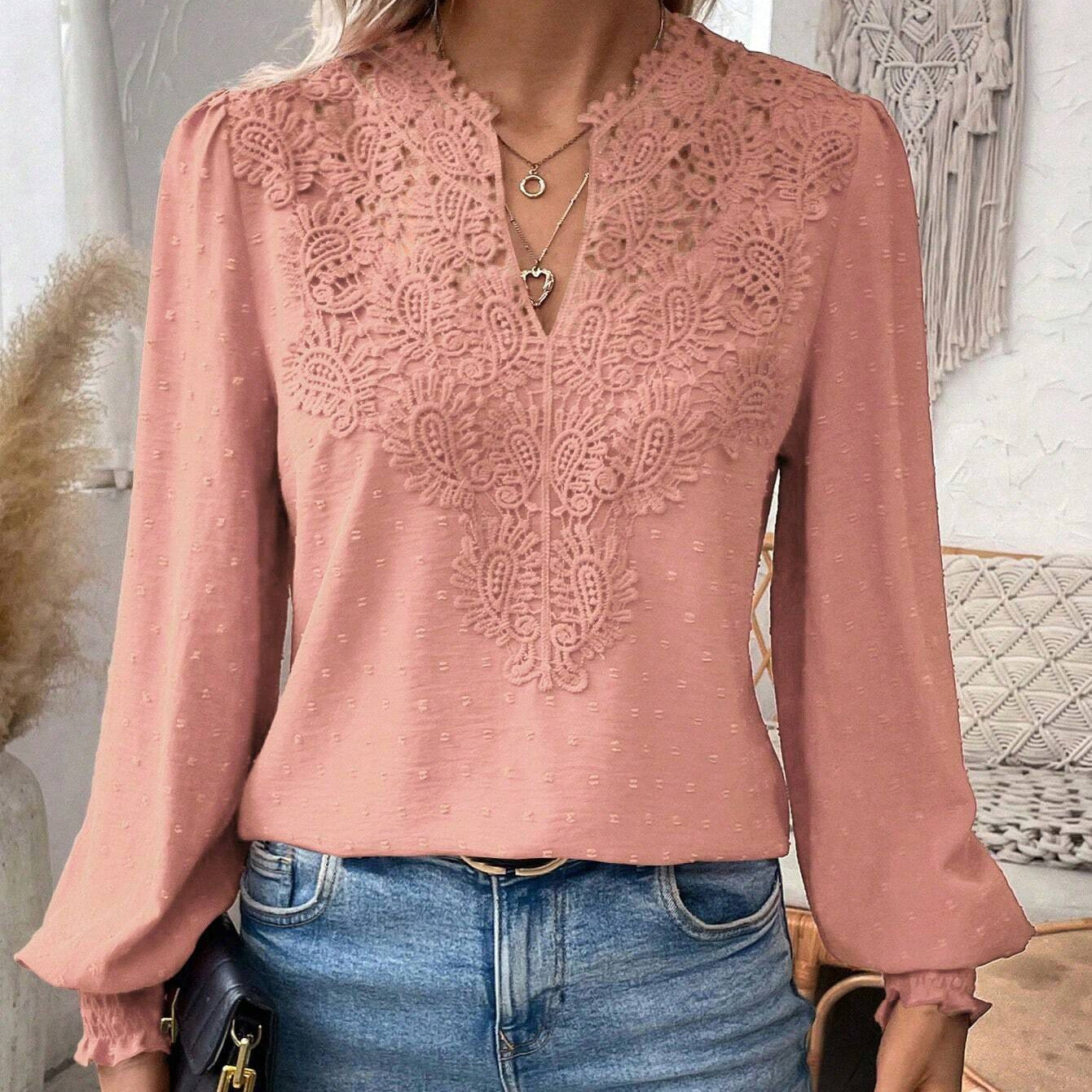 V-Neck Lace Solid Color Long-Sleeved Casual T-Shirt