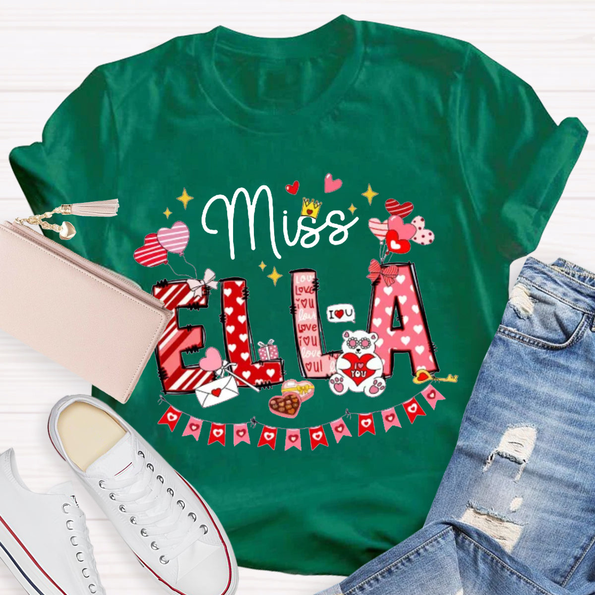 Personalized Name Valentine's Day Miss Ella Teacher T-Shirt