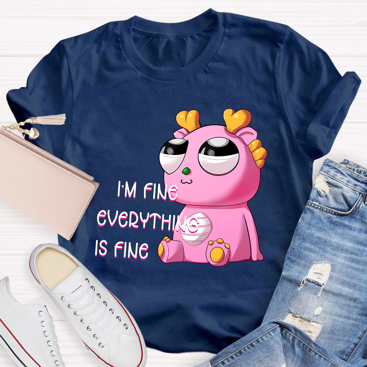 I'm Fine Everything is Fine  Pink Big Eyes Dragon T-Shirt