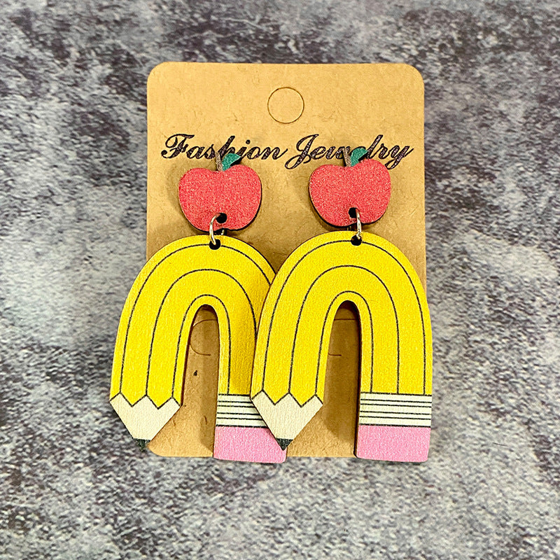 Leopard Print Pencil And Apple Patchwork Earrings