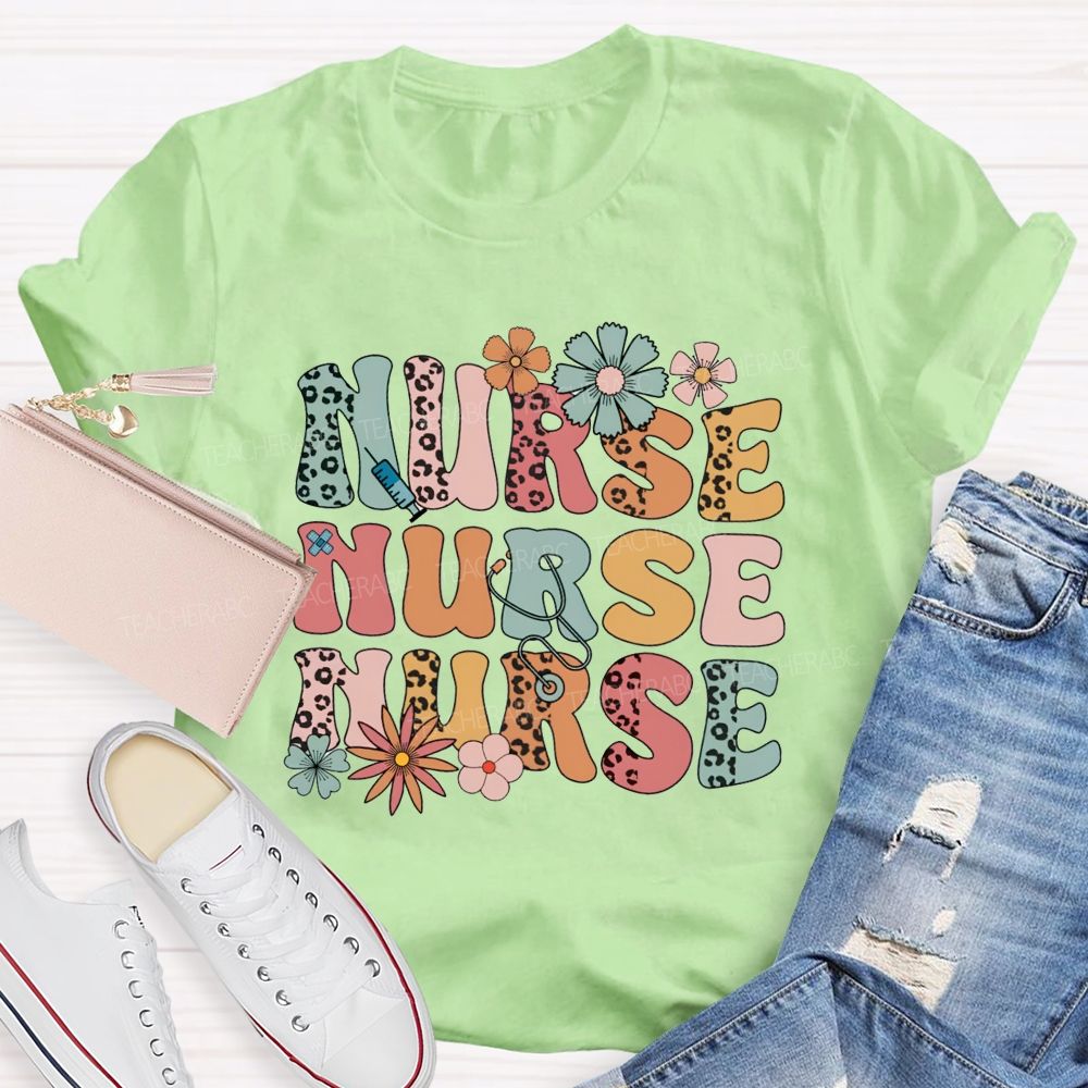 School Nurse Leopard Printed Flower Teacher T-Shirt