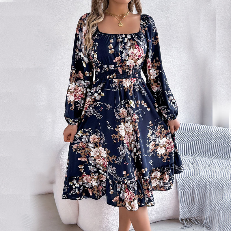 Floral Long-Sleeved Fitted Waist A-Line Skirt With Ruffles