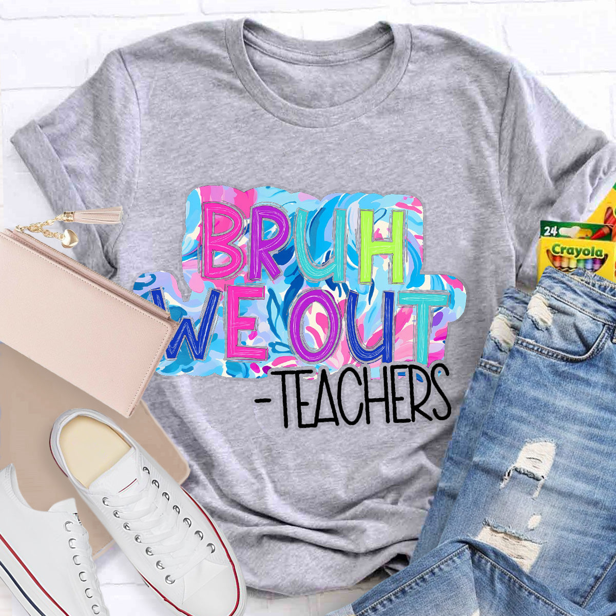 Bruh We Out  Pink Letters Teacher T-Shirt