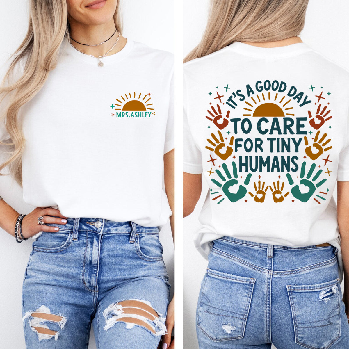 Personalized Name It's A Good Day To Care For Tiny Humans Letters  Double Printed T-shirt