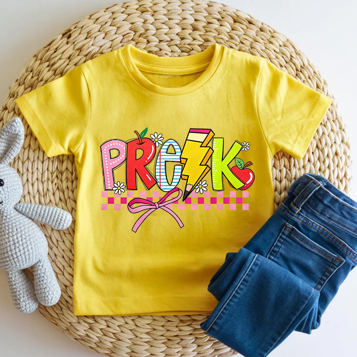 Personalized Grade Bow And Checkered Pre-K Vibes Toddler T-shirts