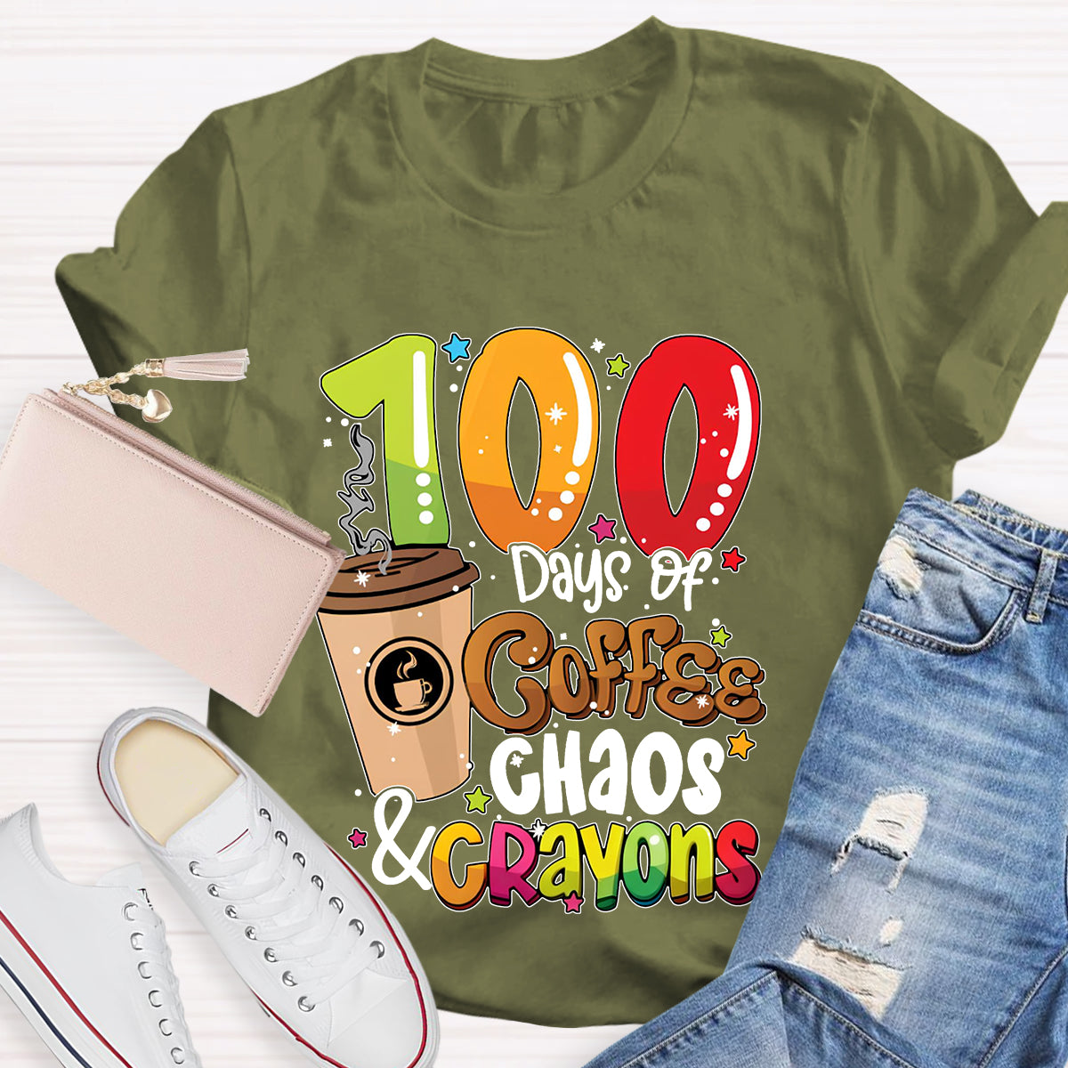 100 Days Of Coffee Chaos And Crayons T-shirt