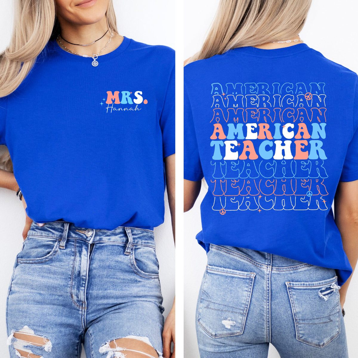 Personalized Name  American Teacher  Double Printed T-shirt