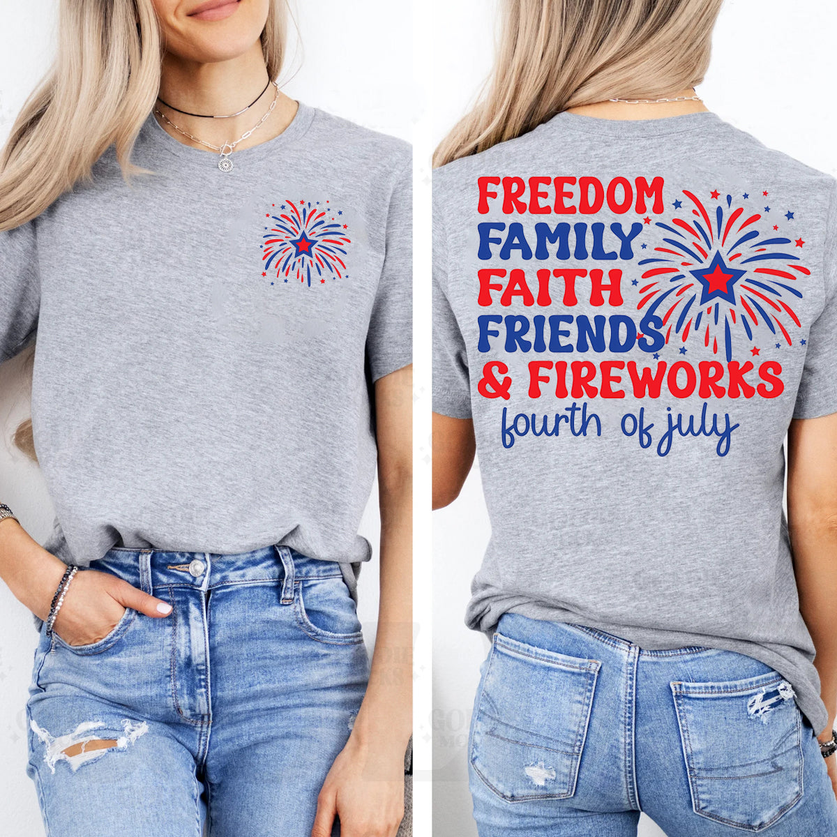 Freedom  Family Faith  Friends  Fireworks   Double Printed T-shirt