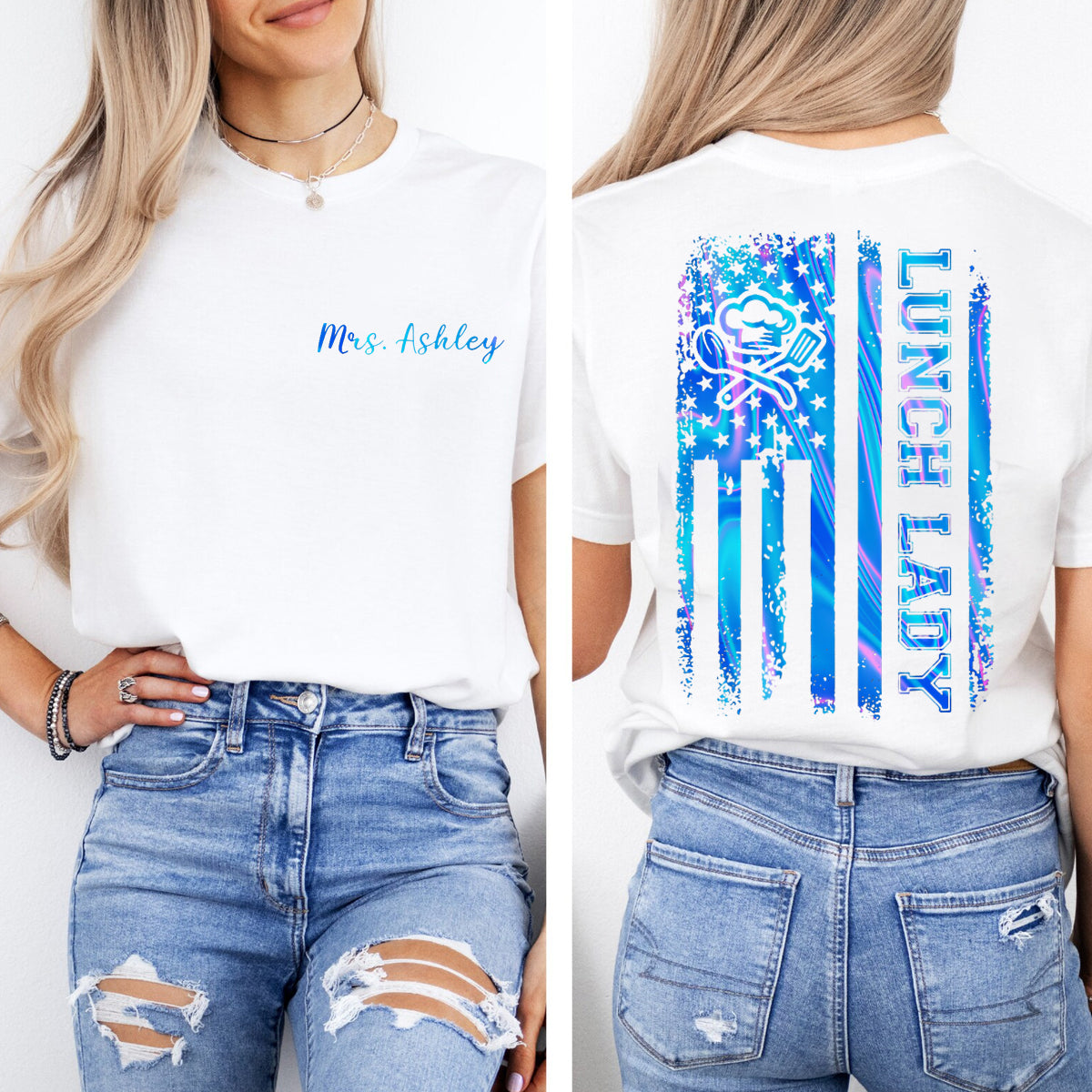 Personalized Name Lunch Lady Flag  Double Printed T-shirt