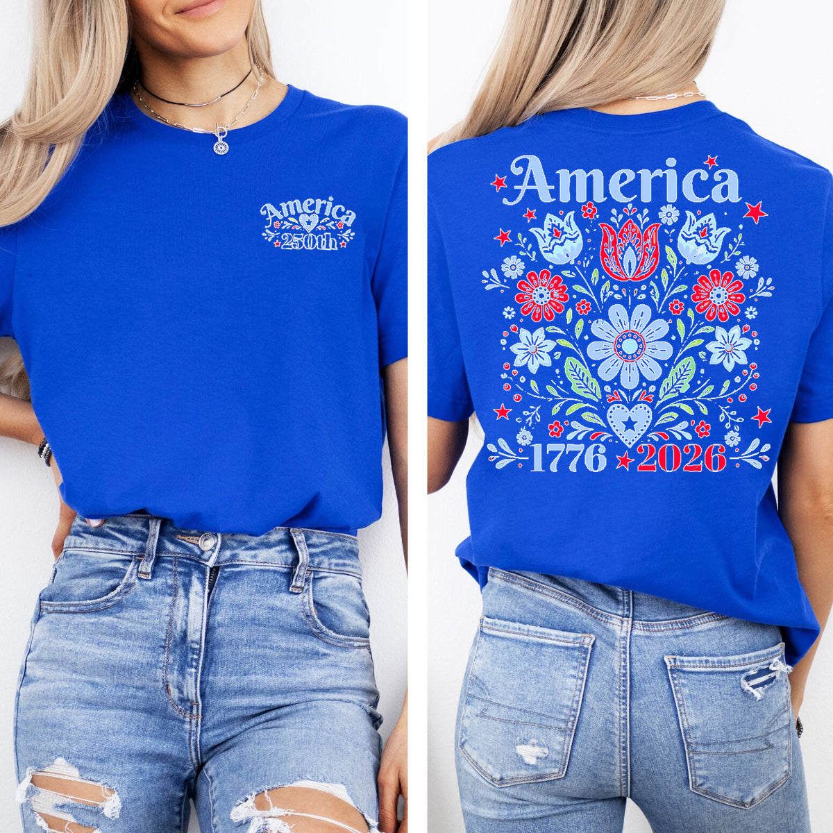 America 250th Flowers Graphics  Double Printed T-shirt