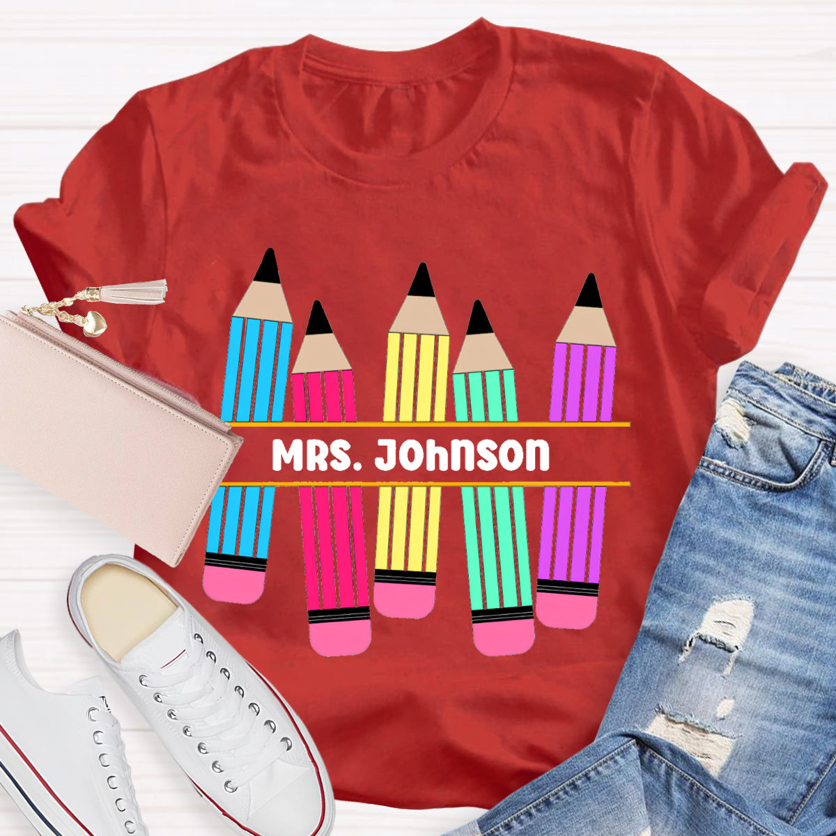 Personalized Name Pencil Teacher T-Shirt