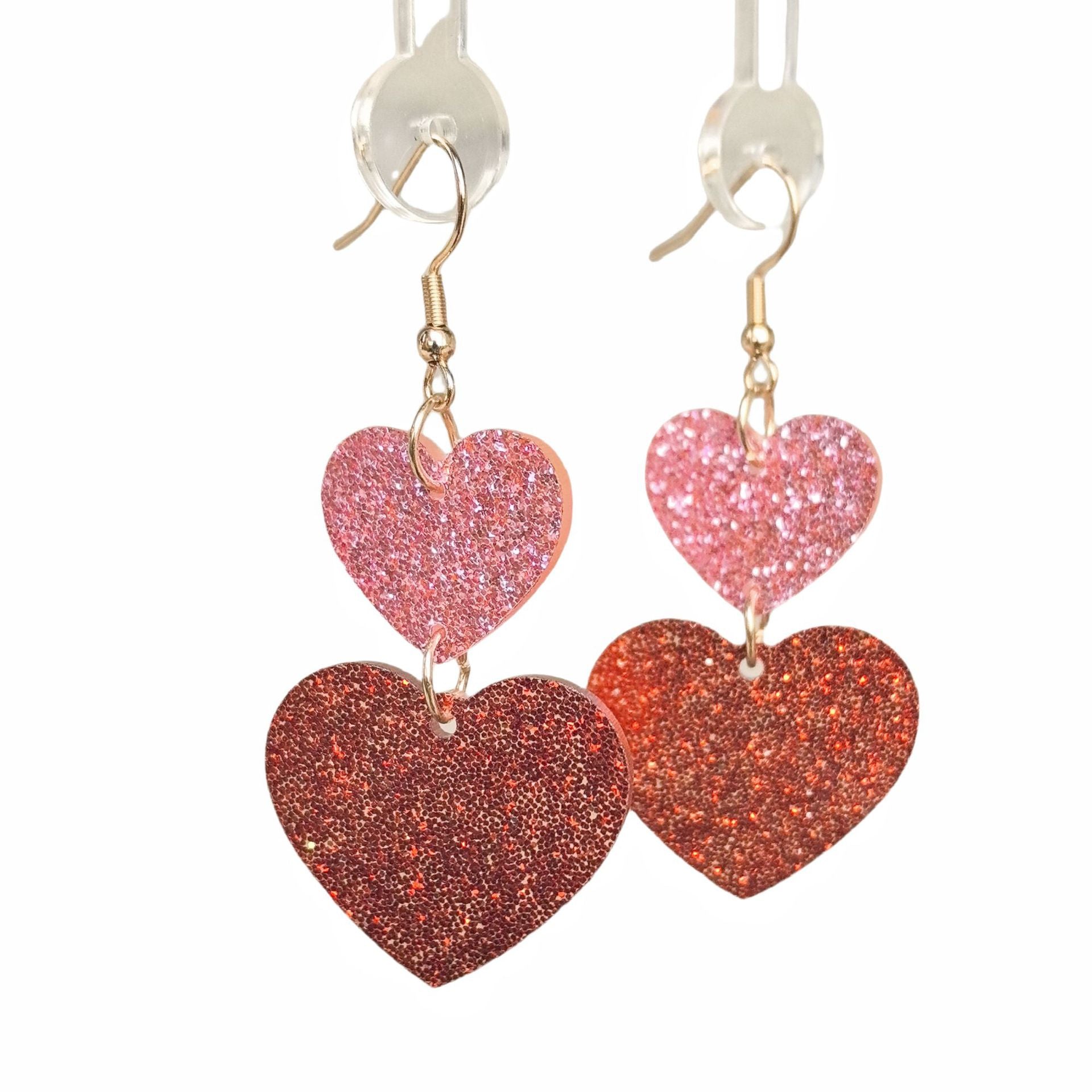 Valentine'S Day Pink And Red Sequined Heart Earrings