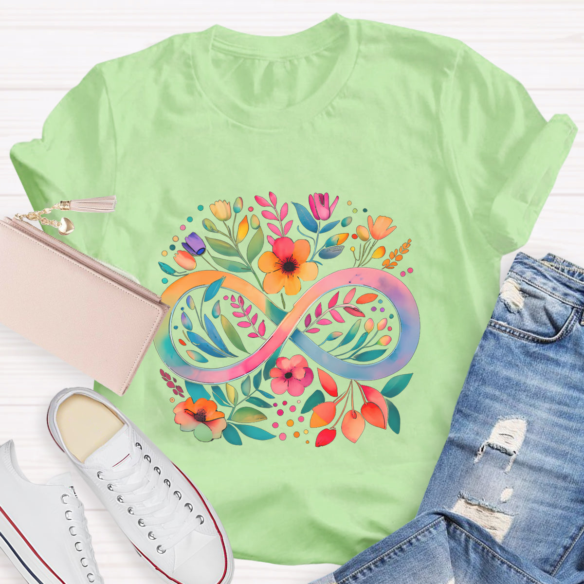 Rainbow Infinity Watercolor Flowers Teacher T-Shirt