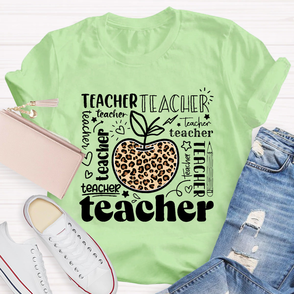 Teacher Various Fonts Various Fonts Leopard Apple T-Shirt