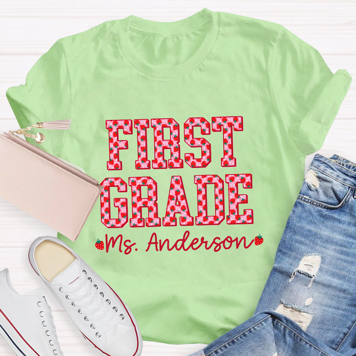 Personalized Grade And Name Strawberry Printed Teacher T-Shirt
