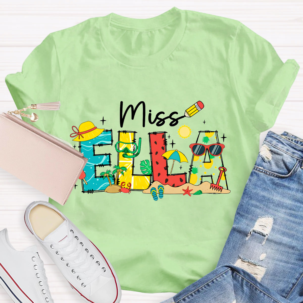 Personalized Name Summer Break Beach Teacher T-Shirt