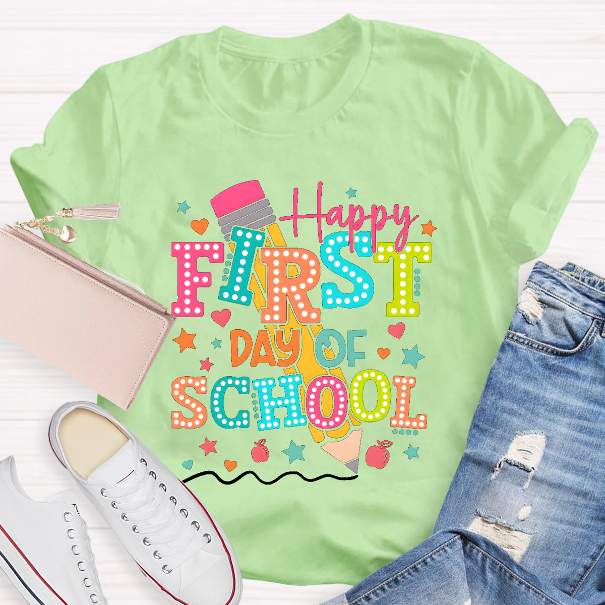 Pencil Dot Happy First Day Of School Teacher T-Shirt