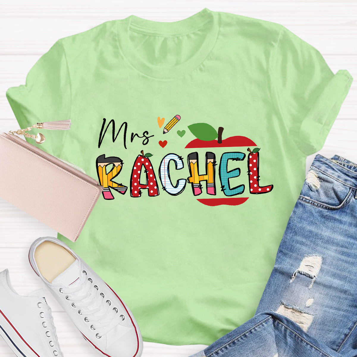 Personalized Teacher Name Apple Pencil Printed T-Shirt