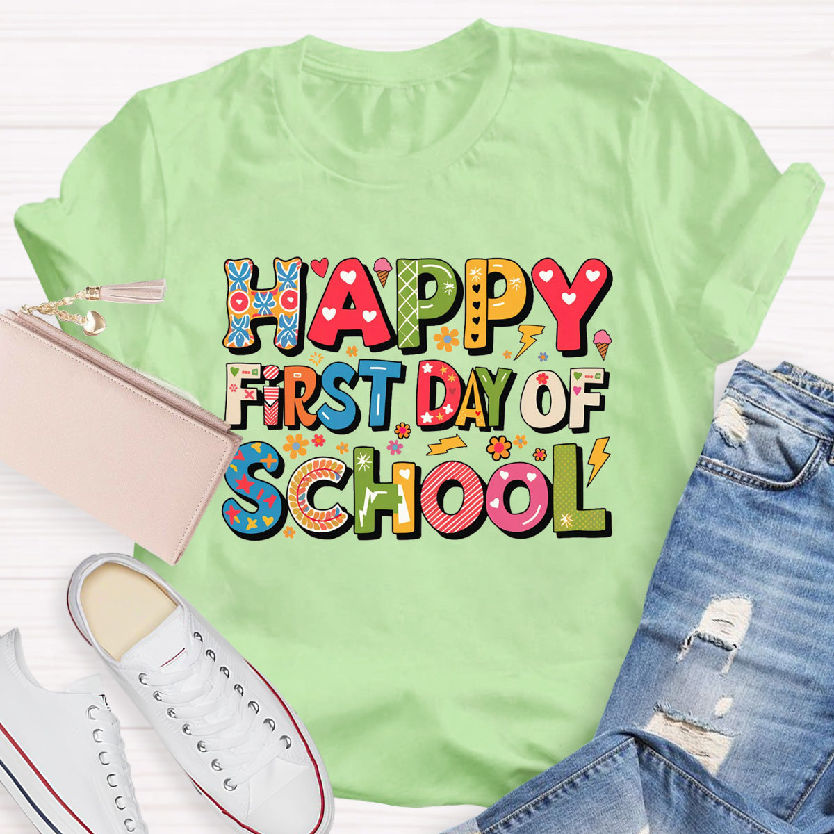 Happy First Day Of School Heart Printed Teacher T-Shirt