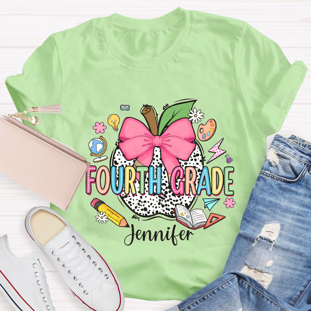 Personalized Teacher Name And Grade leopard print Apple T-Shirt