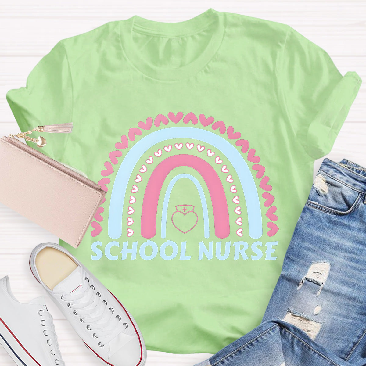 School Nurse Rainbow Pink Heart T-Shirt