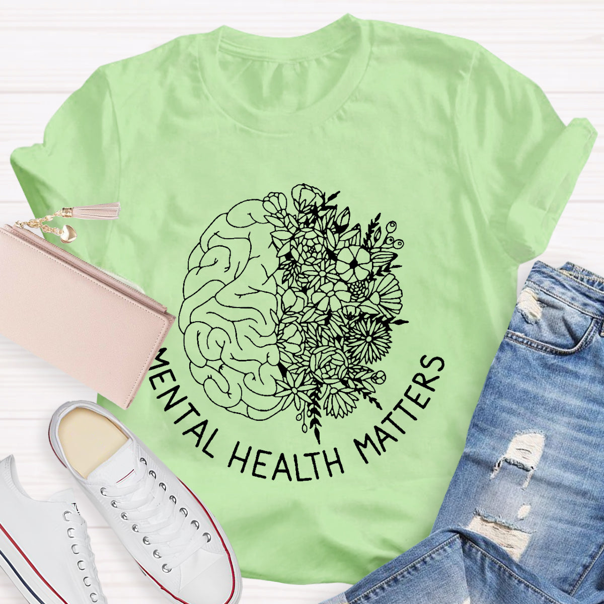 Floral Brain Mental Health Matters Teacher T-Shirt