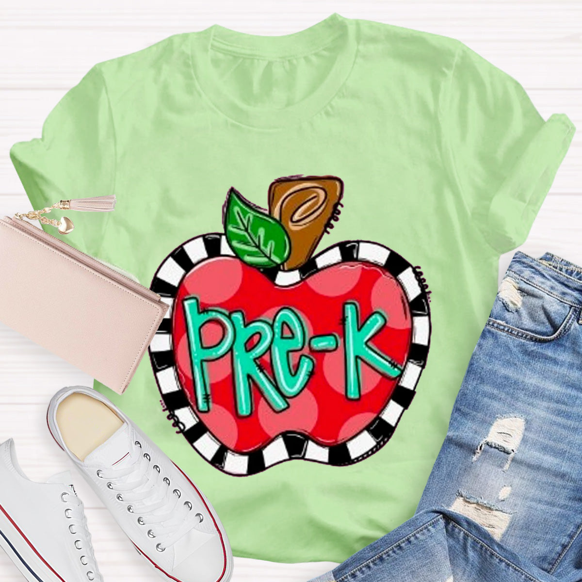 Personalized Grade Teacher Color Block  Apple Printed T-Shirt