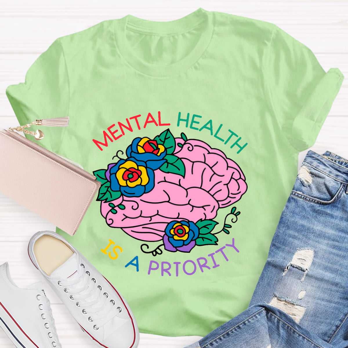 Mental Heath Is A Priority Floral Brain T-Shirt