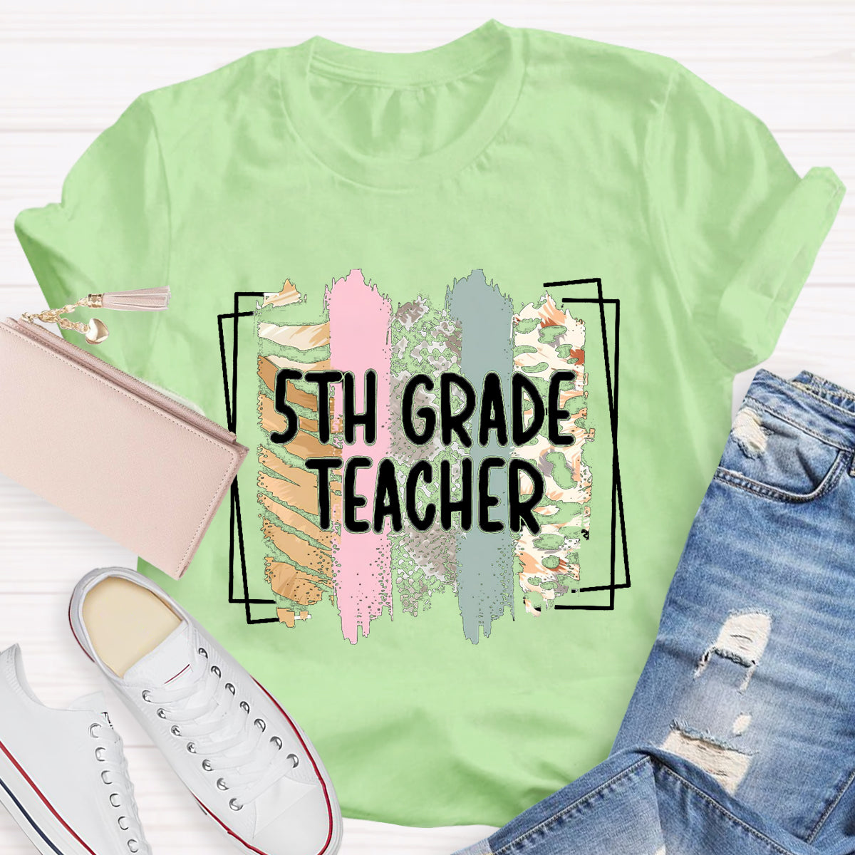 Personalized Grade Color Block 5th Grade Teacher T-Shirt