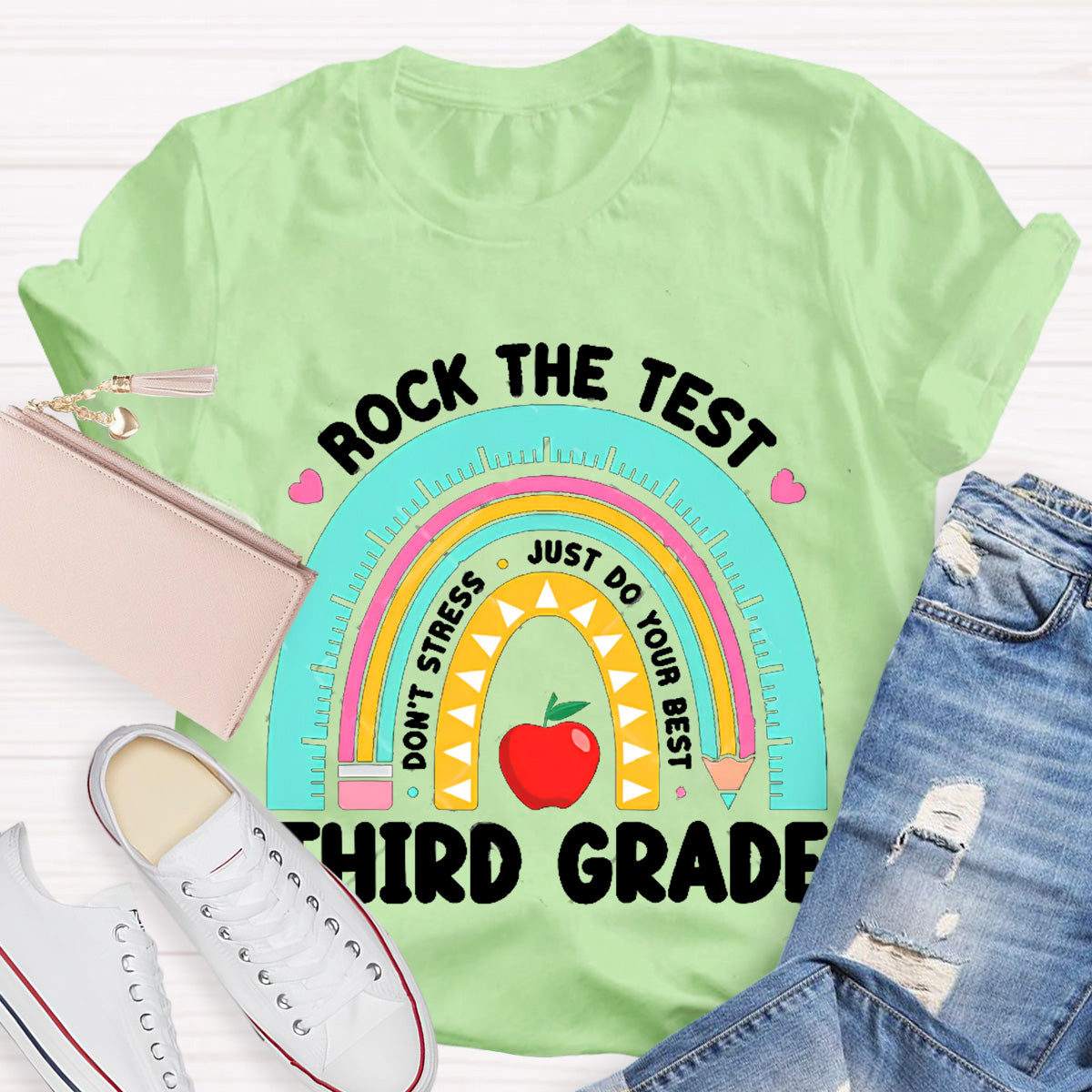 Personalize Grade Rock The Test Apple Teacher T-Shirt
