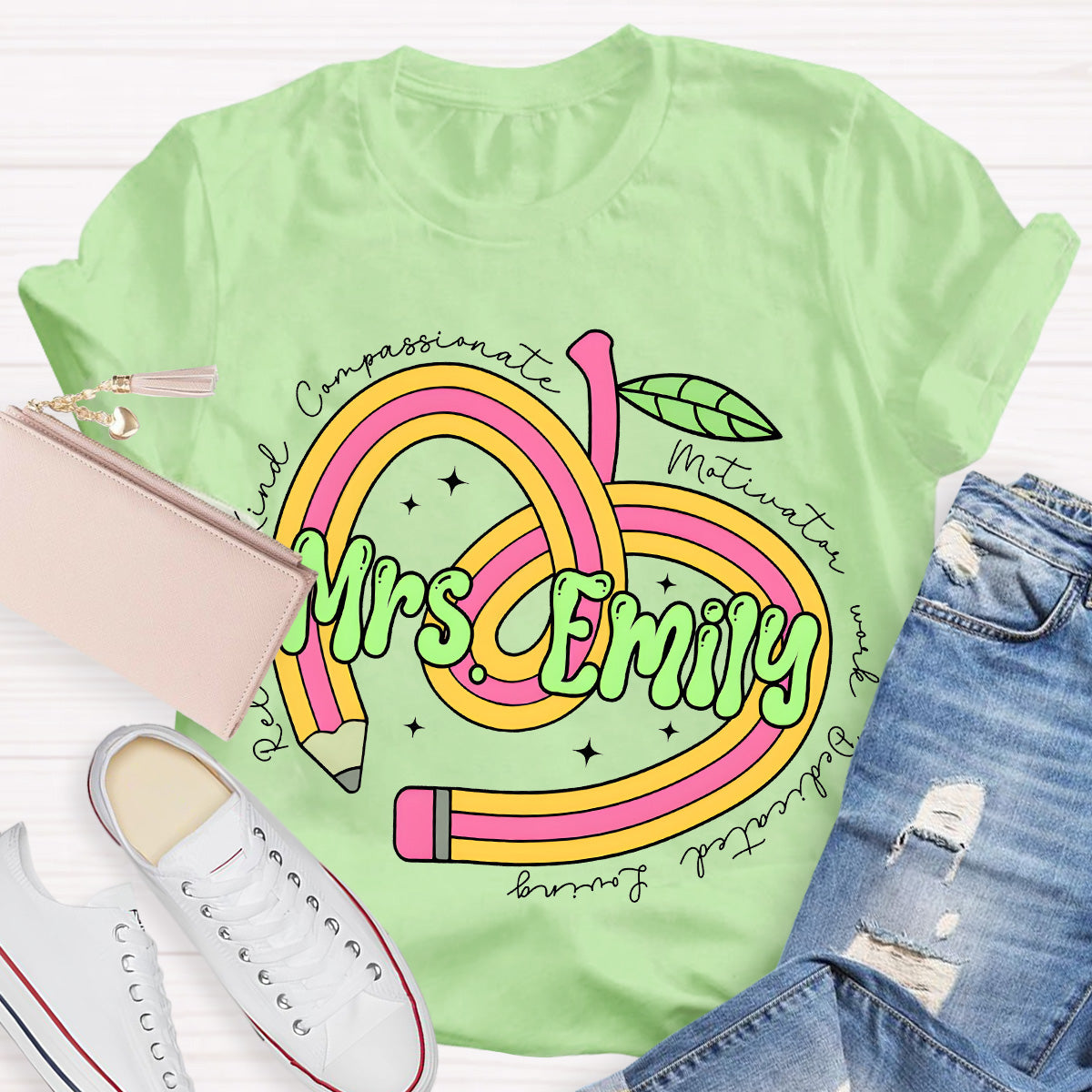 Personalize Name Reliable Kind Compassionate Pink Apple Teacher T-Shirt