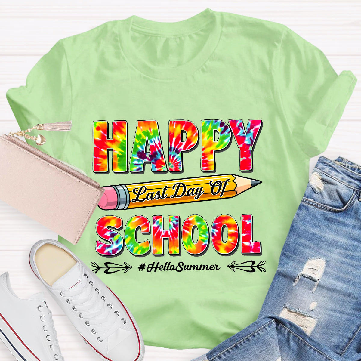 Happy Last Day Of School Hello Summer Colorful Pencil Teacher T-Shirt