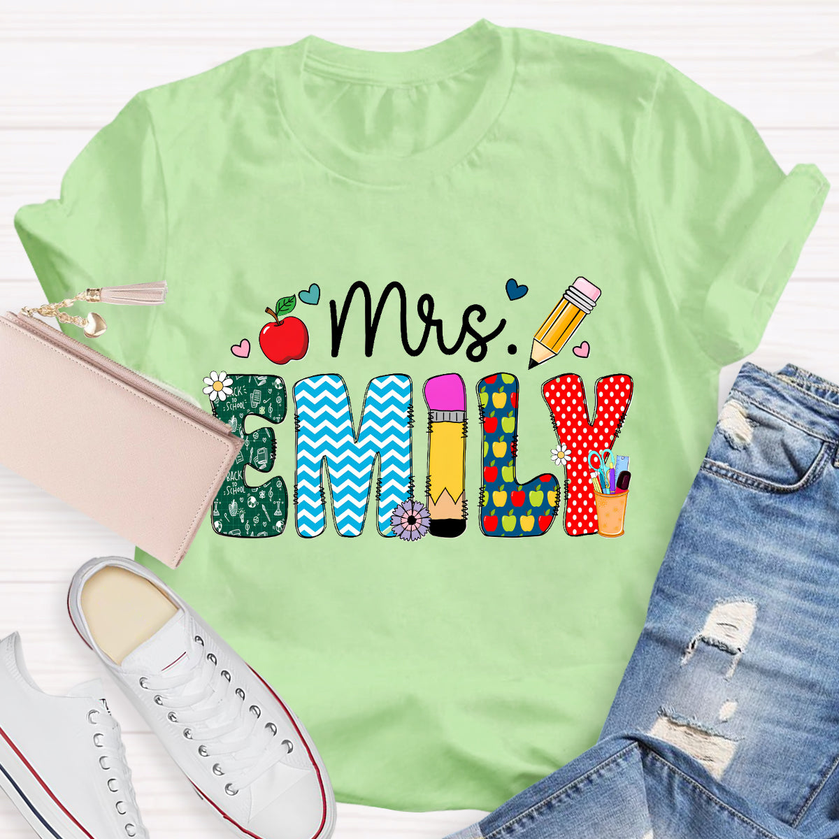 Personalized Name Beautiful Flower Emily Teacher T-Shirt