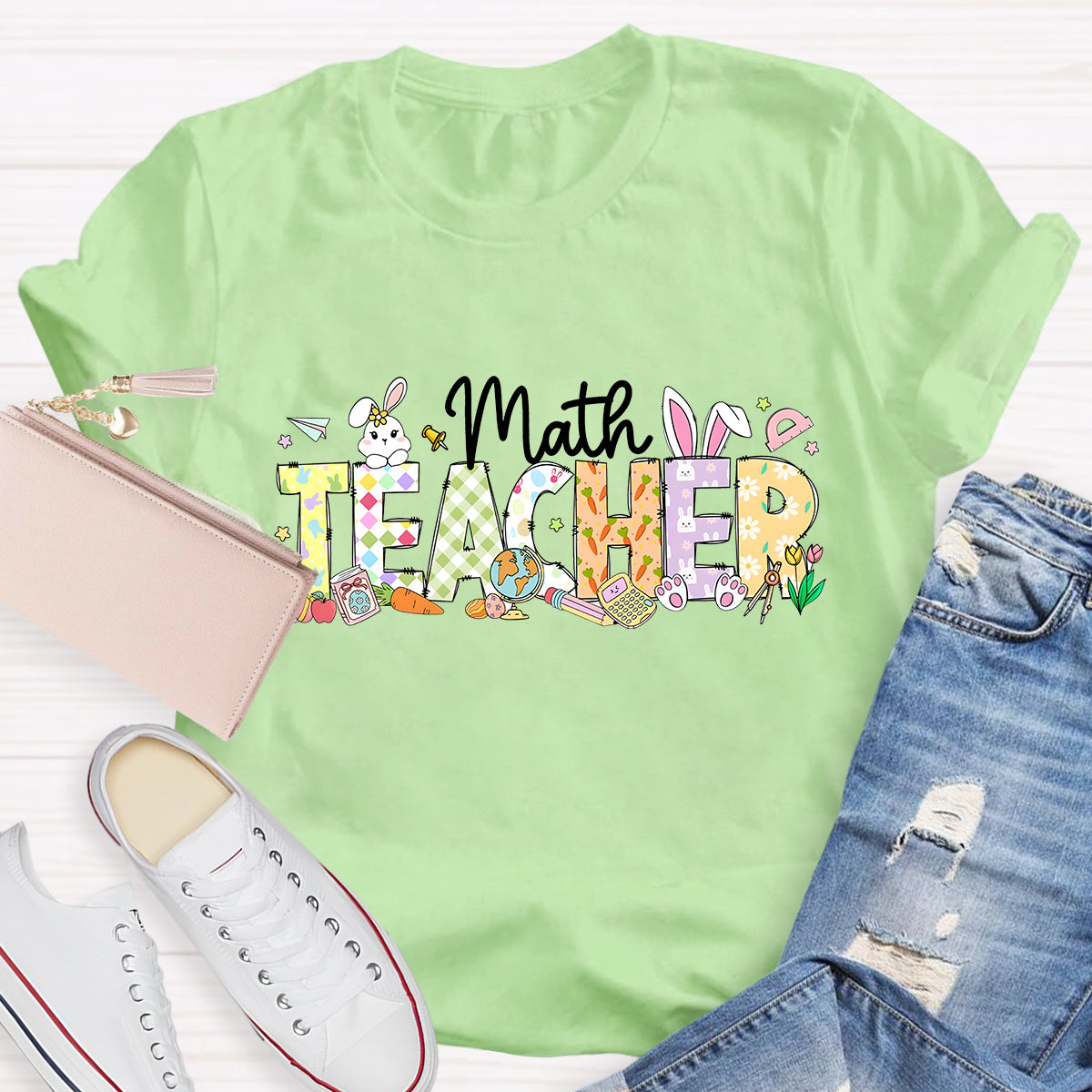 Happy Easter Math Teacher Pink Rabbits Teacher T-Shirt